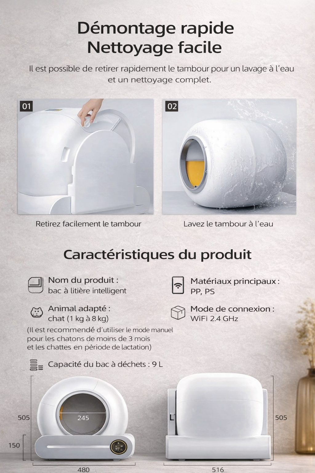 Litière automatique connectée grande capacité pour chat avec nettoyage intelligent