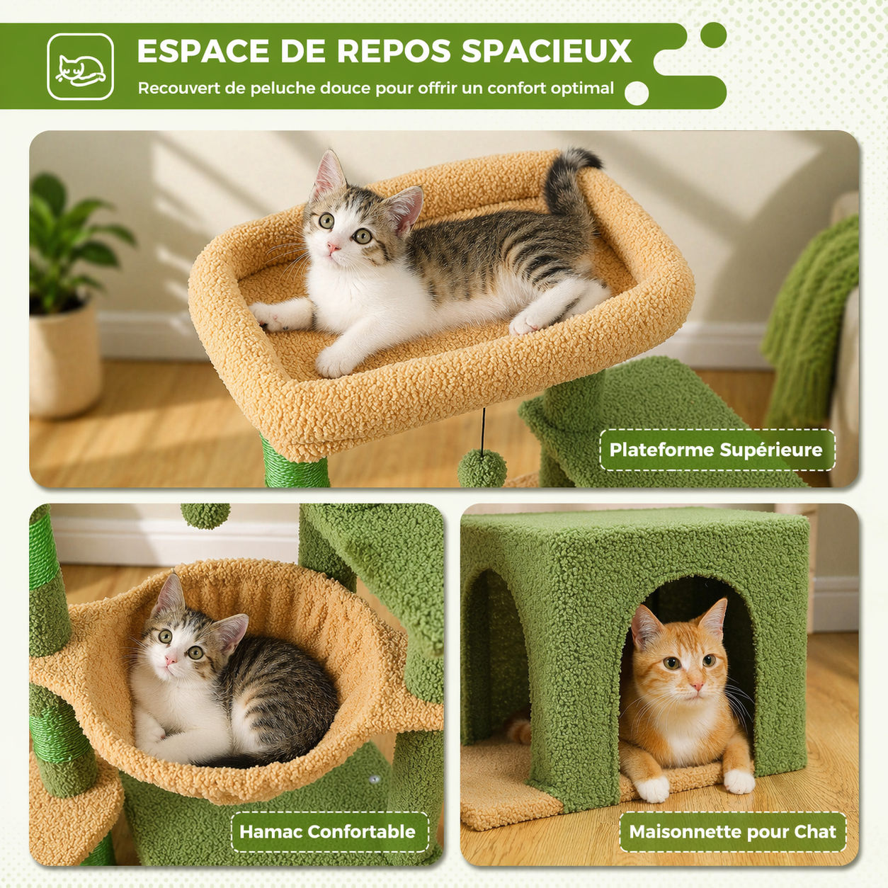 Arbre à chat 92 cm avec niche, hamac et griffoir pour chat d’intérieur