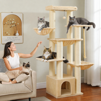 Arbre à chat 170 cm robuste multi-niveaux avec hamac et poteaux en sisal pour gros chats