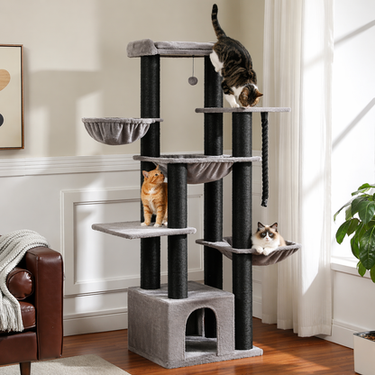 Arbre à chat 170 cm robuste multi-niveaux avec hamac et poteaux en sisal pour gros chats