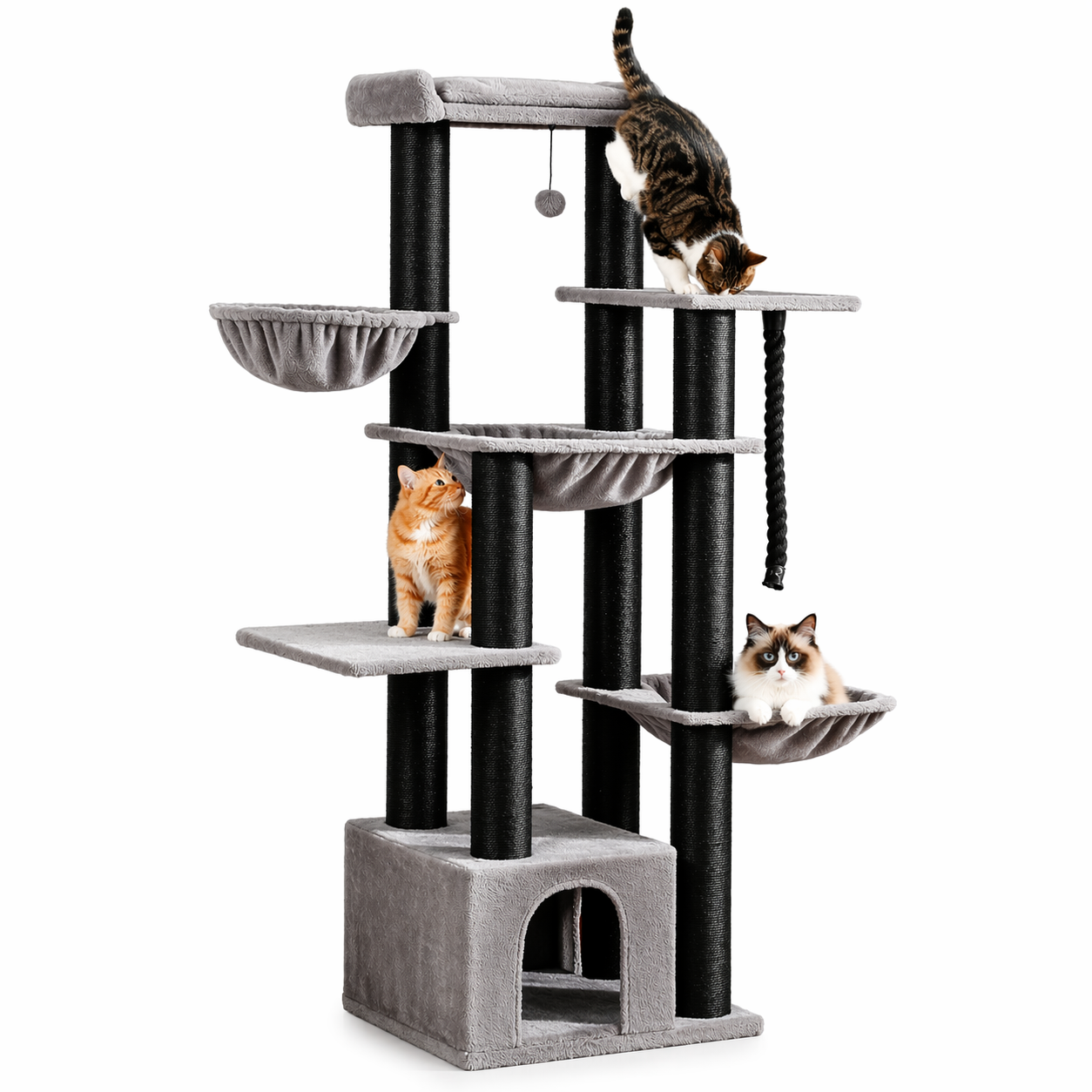 Arbre à chat 170 cm robuste multi-niveaux avec hamac et poteaux en sisal pour gros chats