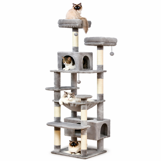 Arbre à chat design intérieur avec hamac, niche et griffoir en sisal