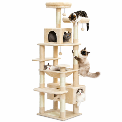 Arbre à chat design intérieur avec hamac, niche et griffoir en sisal