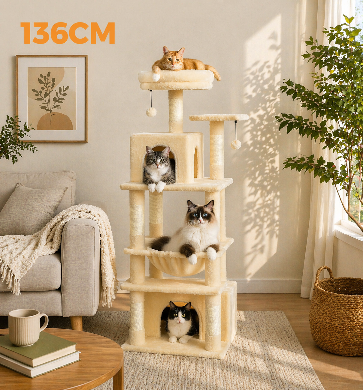 Arbre à chat design intérieur avec hamac, niche et griffoir en sisal