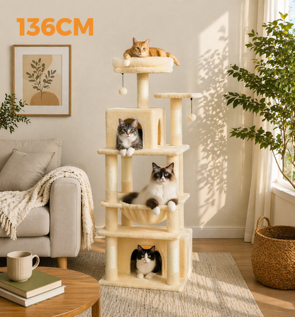 Arbre à chat design intérieur avec hamac, niche et griffoir en sisal