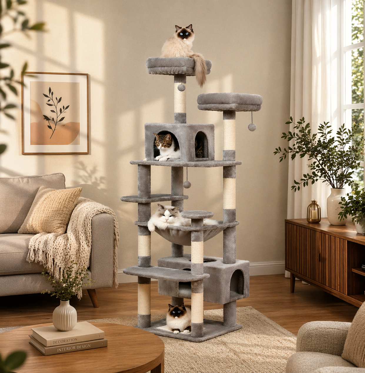 Arbre à chat design intérieur avec hamac, niche et griffoir en sisal