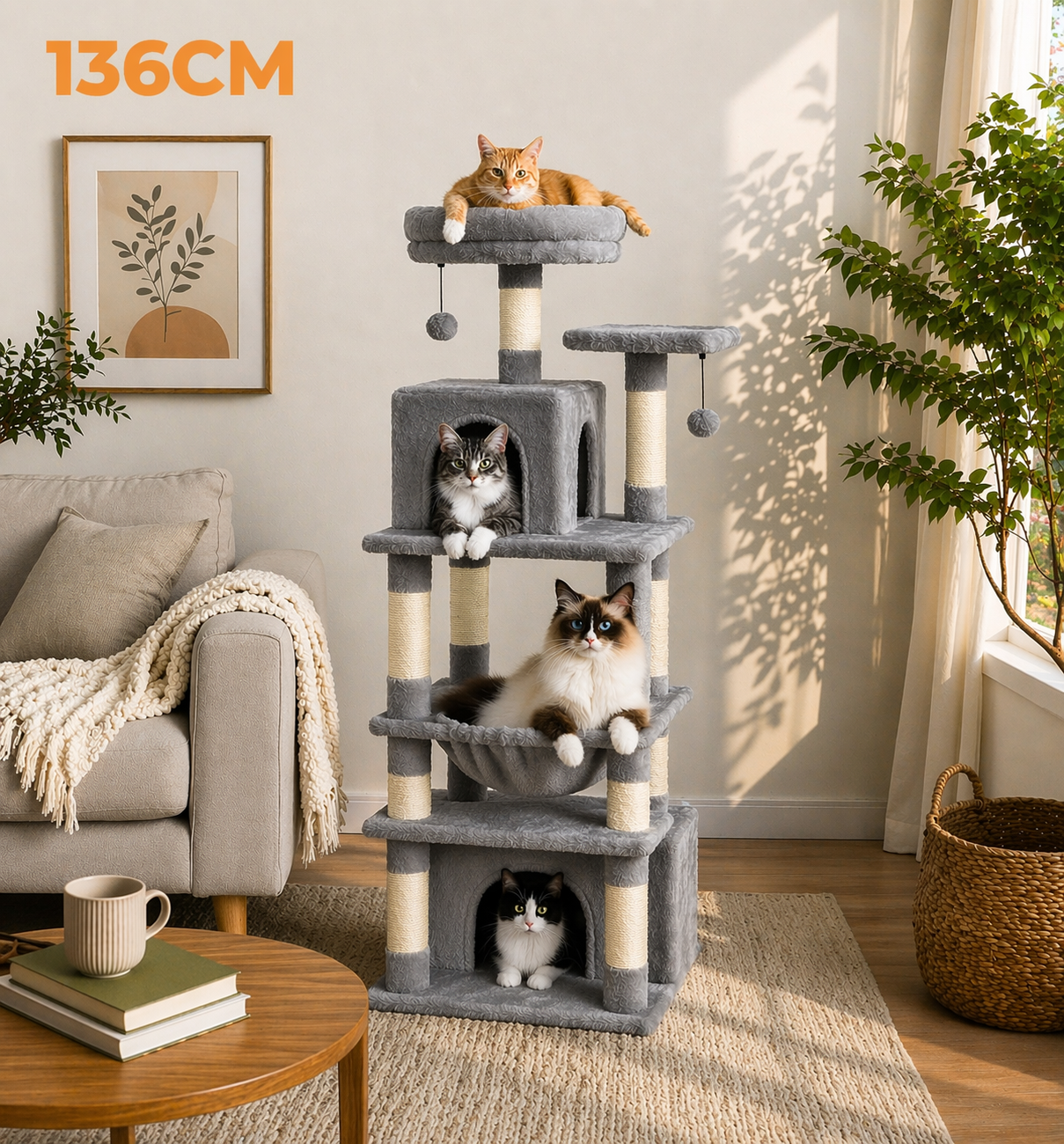 Arbre à chat design intérieur avec hamac, niche et griffoir en sisal