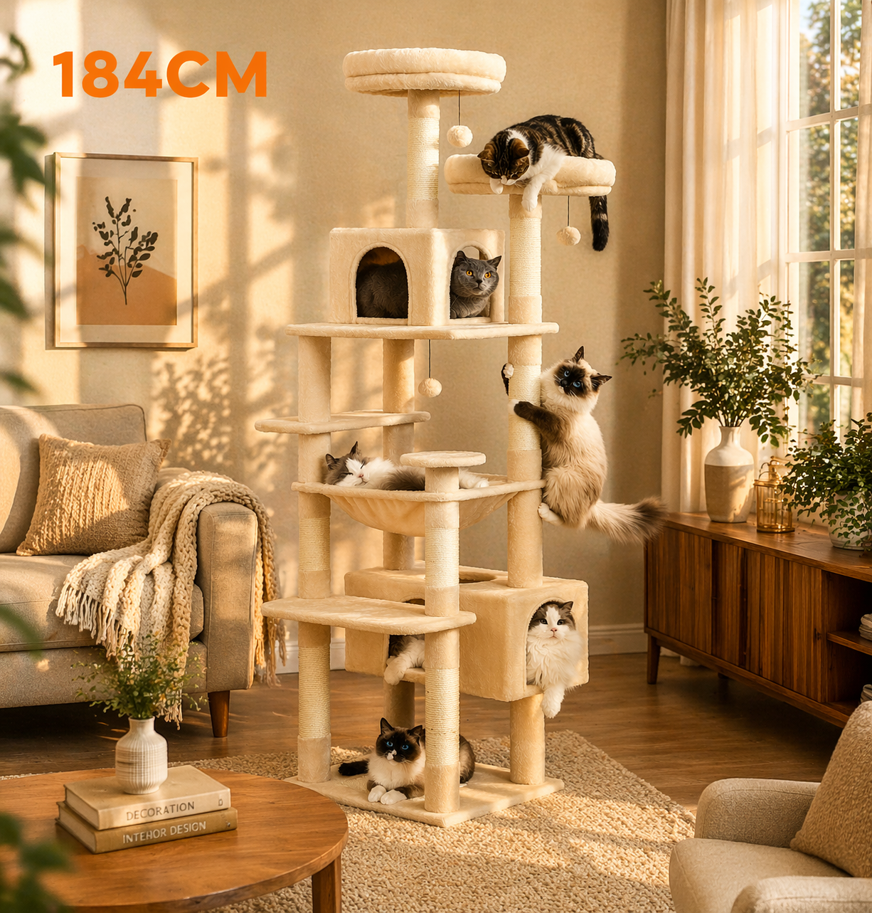 Arbre à chat design intérieur avec hamac, niche et griffoir en sisal