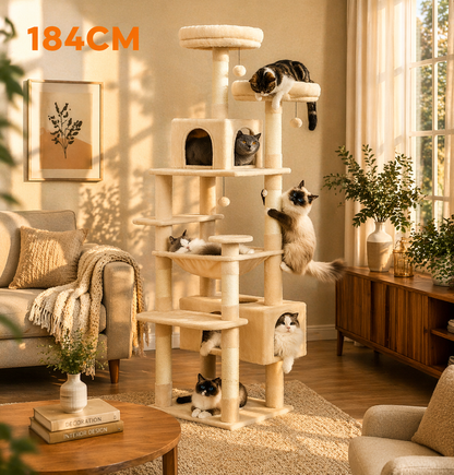 Arbre à chat design intérieur avec hamac, niche et griffoir en sisal