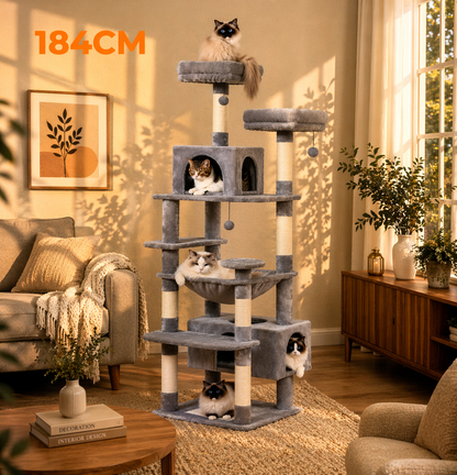 Arbre à chat design intérieur avec hamac, niche et griffoir en sisal
