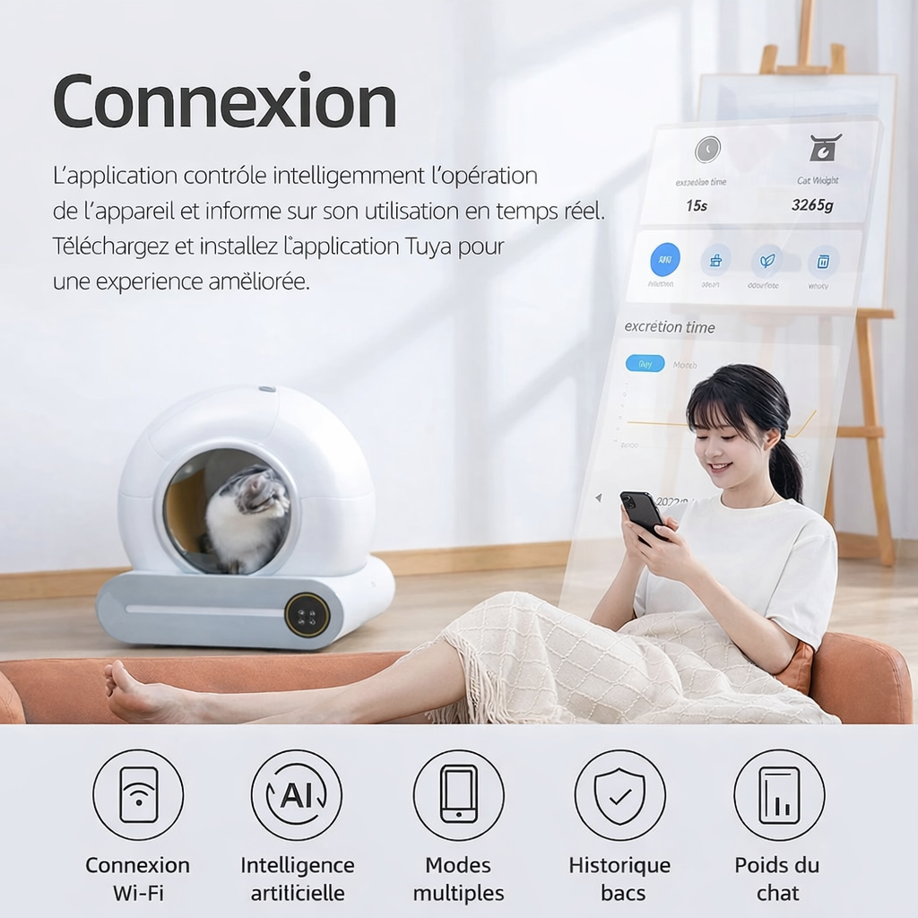 Litière automatique connectée grande capacité pour chat avec nettoyage intelligent