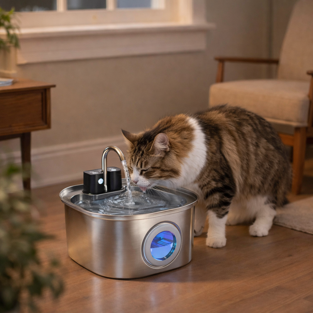 Fontaine à eau pour chat sans fil en acier inoxydable rechargeable avec filtration continue
