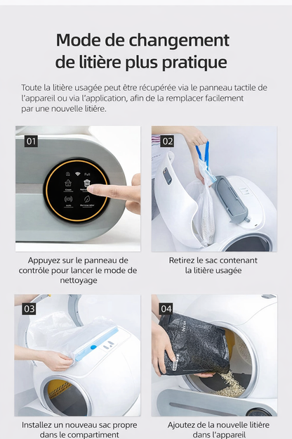 Litière automatique connectée grande capacité pour chat avec nettoyage intelligent